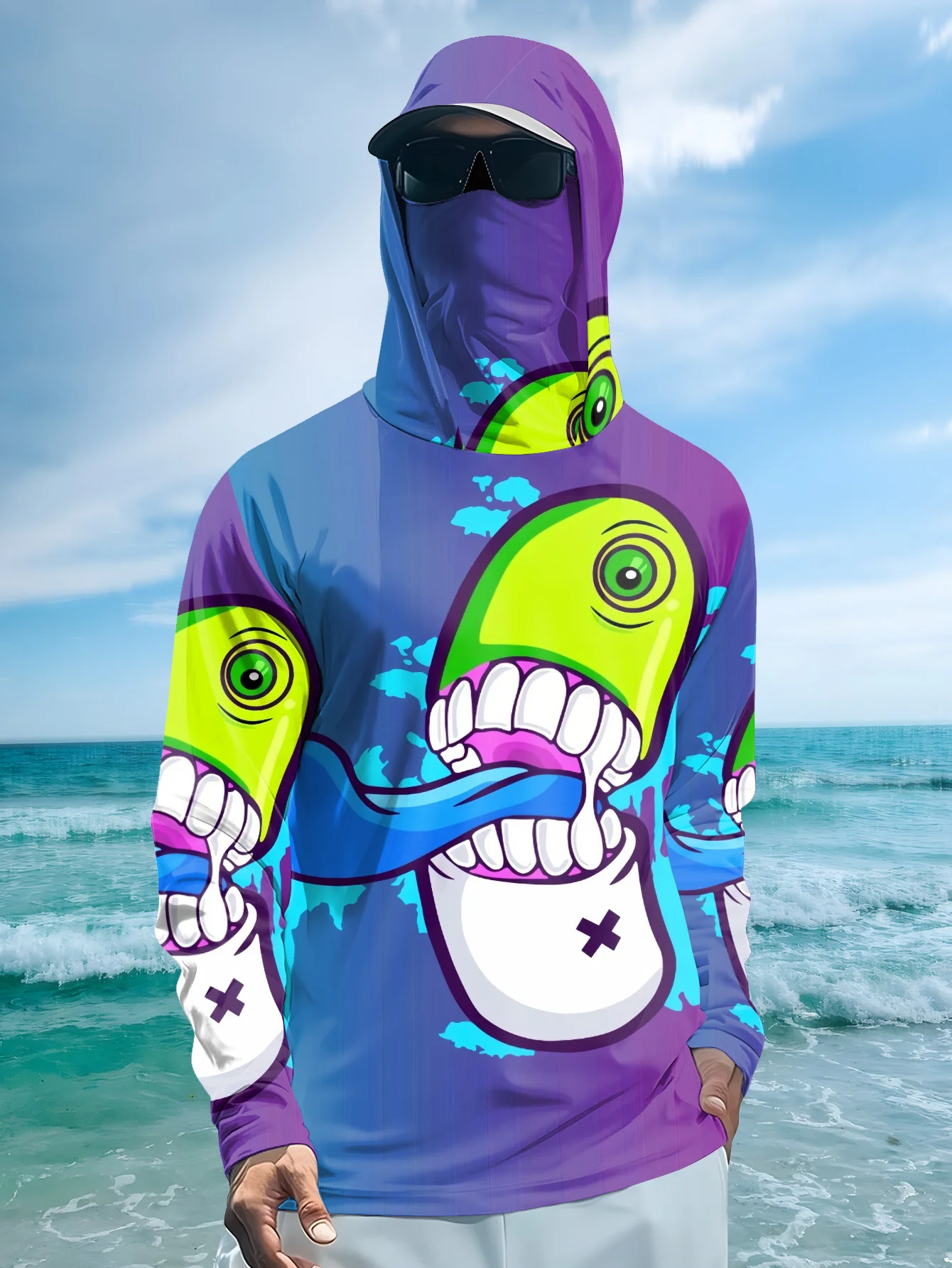Fishing Mask Sun Protection - Erkekler için Karikatür Desenli, Canavar Figürlü,